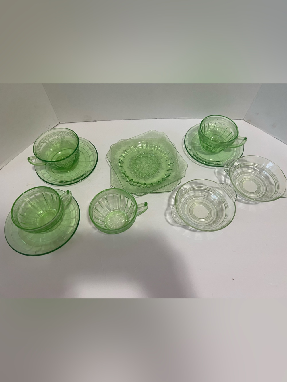 Vintage Green Depression Glass Lot Cups Saucers Plates Mixed Patterns